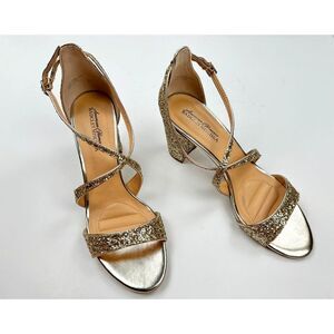 Badgley Mischka Block Heel Glitter Sandals Women 10 EUC‎ Gold Evening Wedding